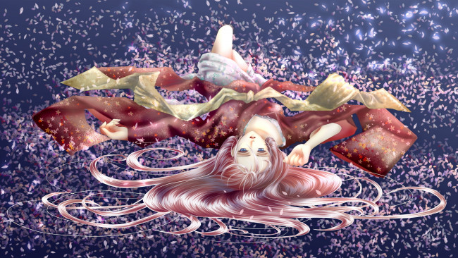 Обои картинки фото аниме, vocaloid, арт, megurine, luka, вокалоид, девушка, сакура, кимоно, лепестки