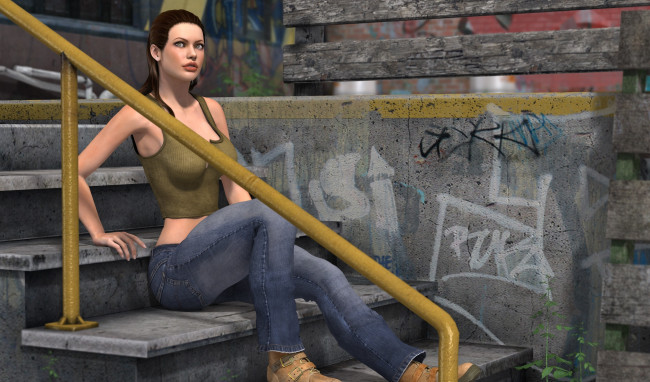 Обои картинки фото 3д графика, люди , people, лестница, фон, взгляд, девушка