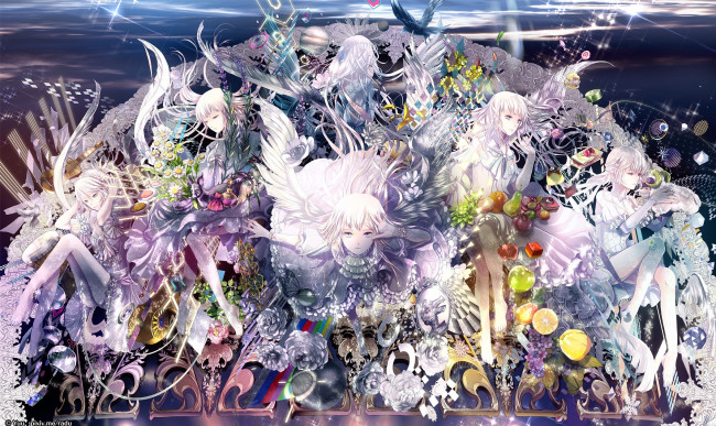 Обои картинки фото аниме, ангелы,  демоны, цветы, фрукты, девушки, арт, radu, блондинки