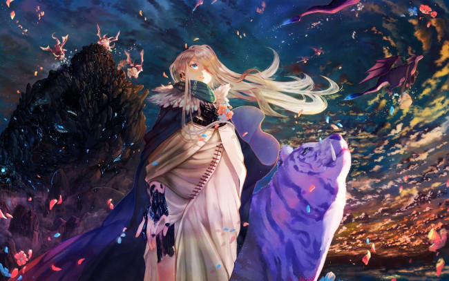 Обои картинки фото аниме, животные,  существа, арт, клыки, облака, небо, закат, девушка, maki, takaya