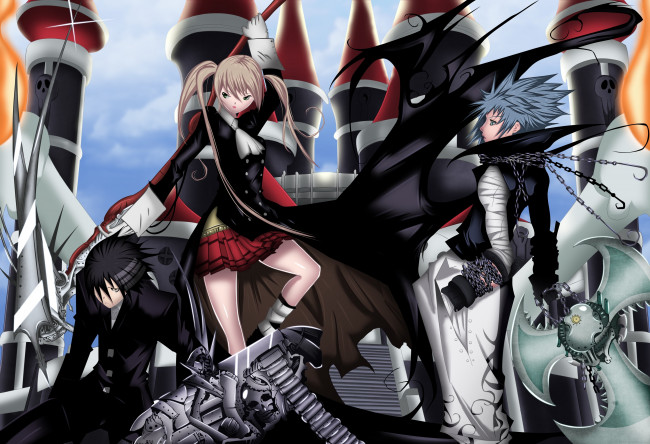 Обои картинки фото soul eater, аниме, elizabeth, thompson, soul, eater, evans, death, the, kid, nakatsukasa, tsubaki, maka, albarn, black, star, patricia, парень, фон, взгляд, девушка