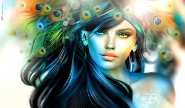 Картинка 3д+графика портрет+ portraits девушка волосы перья