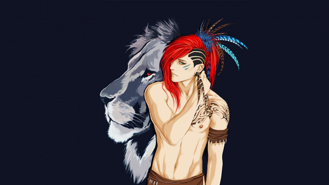 Обои картинки фото рисованное, люди, взгляд, фон, парень, лев