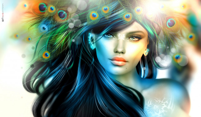 Обои картинки фото 3д графика, портрет , portraits, девушка, волосы, перья