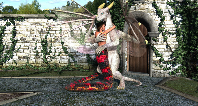 Обои картинки фото 3д графика, существа , creatures, взгляд, девушка, дракон, фон