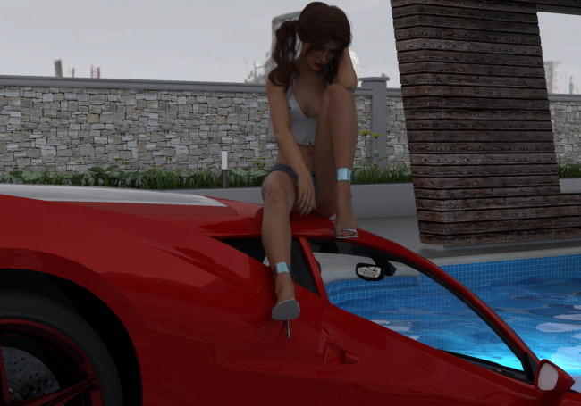 Обои картинки фото 3д графика, люди-авто, мото , people- car ,  moto, автомобиль, фон, взгляд, девушка