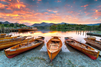 Картинка корабли лодки +шлюпки горы озеро закат