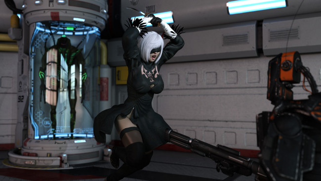 Обои картинки фото видео игры, nier,  automata, девушка, фон, маска, робот, платье