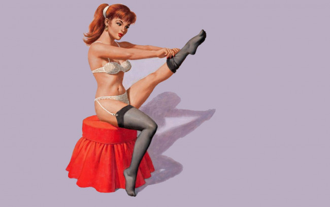 Обои картинки фото рисованное, arthur saron sarnoff, девушка, рыжая, белье, чулки, пуфик