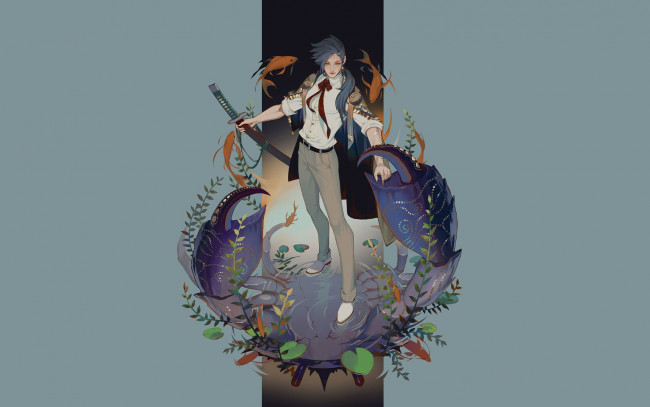 Обои картинки фото фэнтези, маги,  волшебники, парень, рыбы, клешни