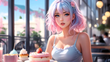 Картинка рисованное люди девушка топ тортики кафе