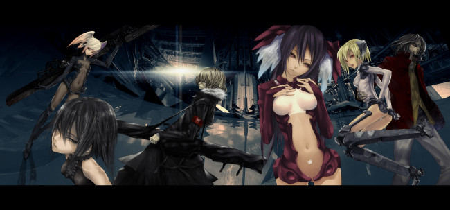 Обои картинки фото аниме, weapon, blood, technology, парень, мужчина, девушки, оружие, андройды, здания
