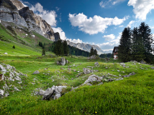 Картинка природа горы alps небо альпы дом деревья камни