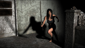 Картинка 3д+графика фантазия+ fantasy фон оружие взгляд девушка