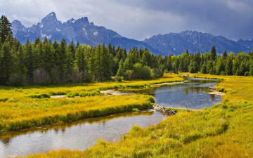 Картинка природа реки озера трава река лес горы небо облака