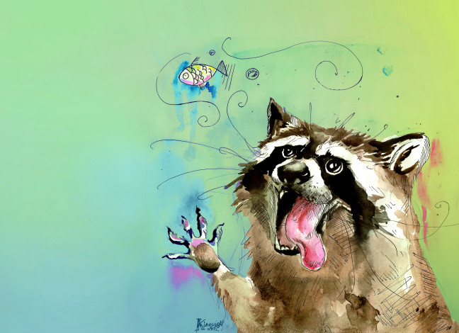 Обои картинки фото рисованное, животные,  еноты, енот, животное, полоскун, язык, цвет, рисунок, акварель, рыба, пузырь