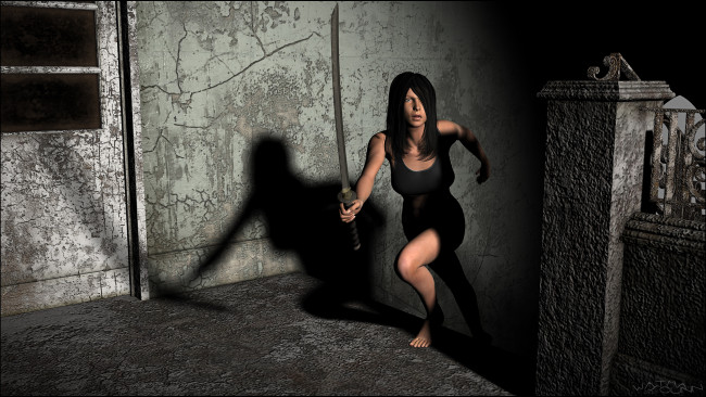 Обои картинки фото 3д графика, фантазия , fantasy, фон, оружие, взгляд, девушка