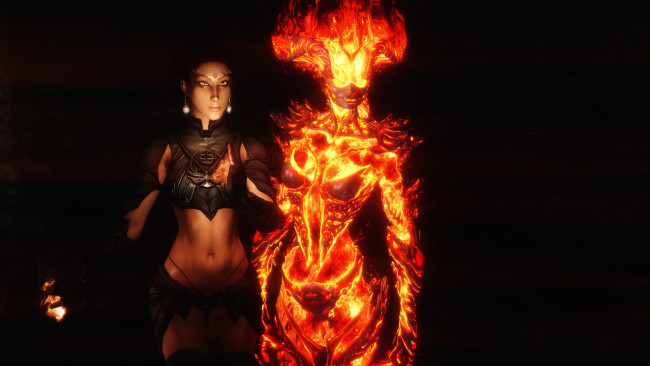 Обои картинки фото видео игры, the elder scrolls v,  skyrim, девушка, огонь, силуэт, взгляд, фон