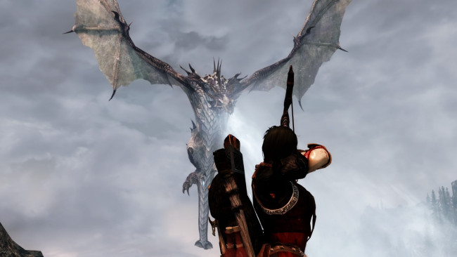 Обои картинки фото видео игры, the elder scrolls v,  skyrim, дракон, лук, фон, взгляд, девушка