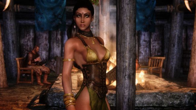 Обои картинки фото видео игры, the elder scrolls v,  skyrim, очаг, мужчина, взгляд, фон, девушка