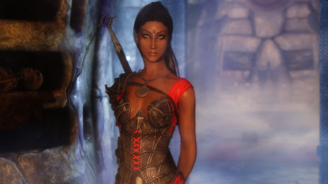 Обои картинки фото видео игры, the elder scrolls v,  skyrim, оружие, фон, взгляд, девушка