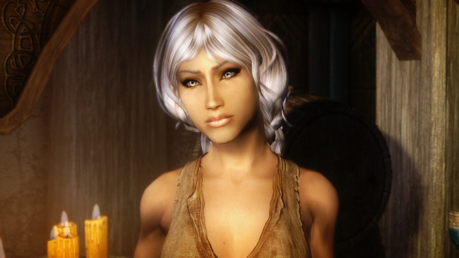 Обои картинки фото видео игры, the elder scrolls v,  skyrim, взгляд, девушка, фон