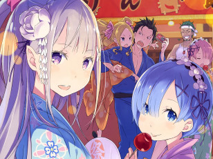 Картинка аниме re +zero+kara+hajimeru+isekai+seikatsu субару эмилия девушки