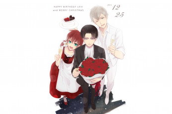 Картинка аниме shingeki+no+kyojin леви парни девушка букет