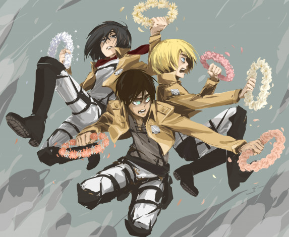 Обои картинки фото аниме, shingeki no kyojin, венки, трио