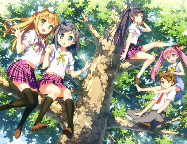 Обои картинки фото henneko, аниме, фон, взгляд, девушки