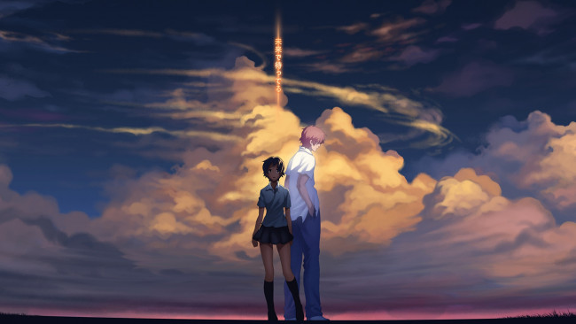 Обои картинки фото toki wo kakeru shoujo, аниме, парень, фон, взгляд, девушка