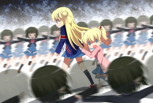 Обои картинки фото аниме, kin-iro mosaic, фон, девушки, взгляд