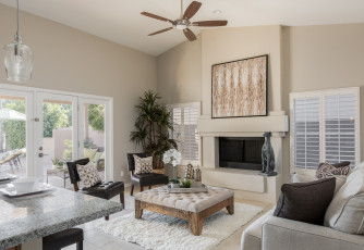 Картинка интерьер гостиная вазон столик камин ковер диван