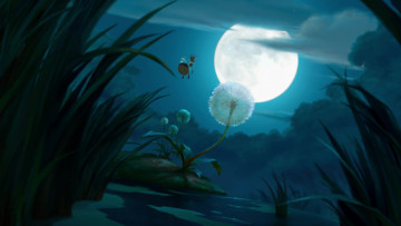 Картинка мультфильмы the+princess+and+the+frog светлячок луна облако одуванчик водоем