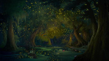 Картинка мультфильмы the+princess+and+the+frog светлячки водоем деревья ночь