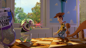 Картинка мультфильмы toy+story лазер окно кровать игрушки ковбой космонавт