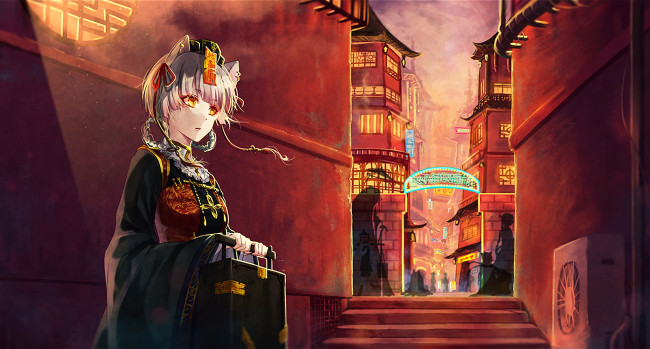 Обои картинки фото аниме, город,  улицы,  здания, девушка