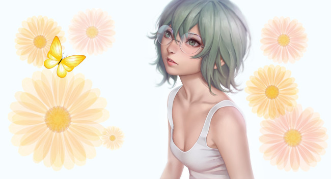 Обои картинки фото аниме, unknown,  другое, очки, арт, цветы, девочка