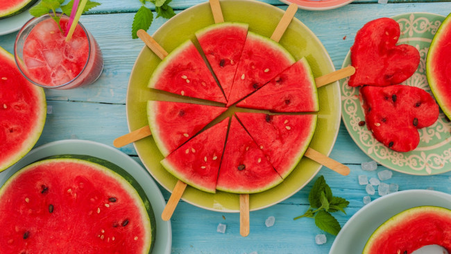 Обои картинки фото еда, арбуз, дольки, арбузные