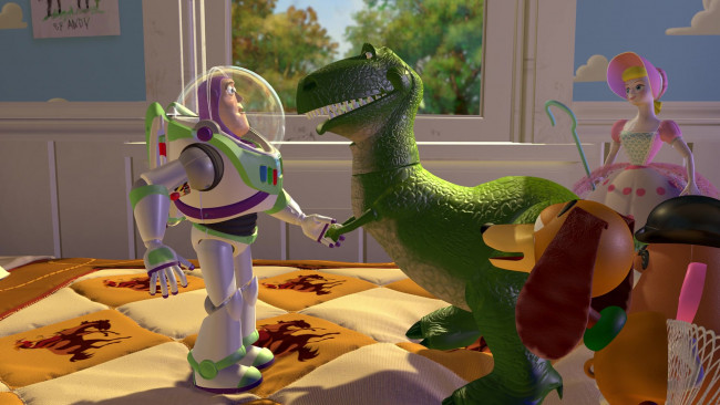 Обои картинки фото мультфильмы, toy story, кровать, собака, кукла, динозавр, космонавт, игрушки