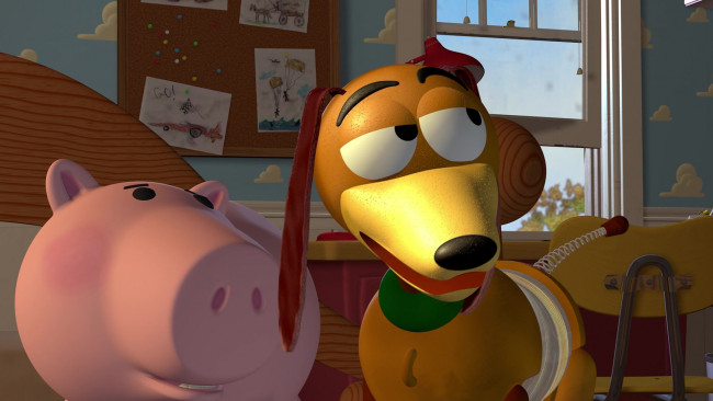 Обои картинки фото мультфильмы, toy story, окно, рисунки, поросенок, собака, игрушки