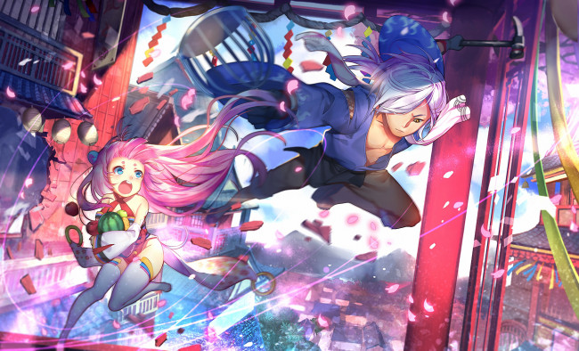 Обои картинки фото аниме, город,  улицы,  здания, девушка