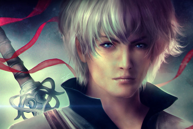 Обои картинки фото аниме, gintama, белые, волосы, парень, арт, взгляд, меч