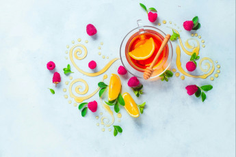 Картинка натюрморт еда малина узор мёд листья лимон