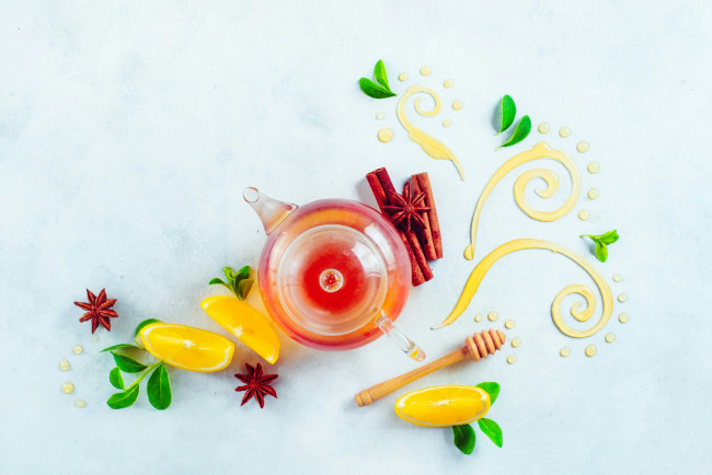 Обои картинки фото натюрморт, еда, напитки,  Чай, листья, лимон, ваниль, корица, узор, чай, мёд