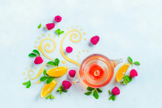 Обои картинки фото натюрморт, еда, напитки,  Чай, узор, чай, листья, мёд, лимон, малина