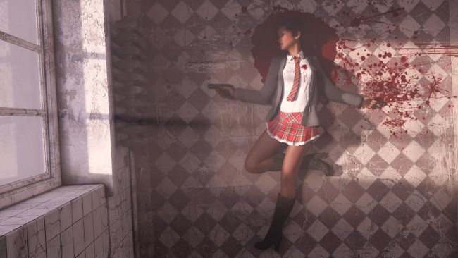 Обои картинки фото 3д графика, люди , people, девушка, фон, кровь, пистолет