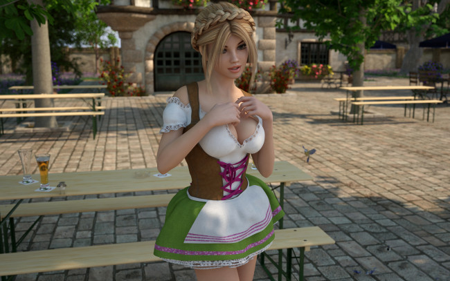 Обои картинки фото 3д графика, люди , people, девушка, фон, платье, стол, скамейка, пиво