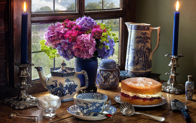 Обои картинки фото еда, натюрморт, торт, букет, сахар, свеча