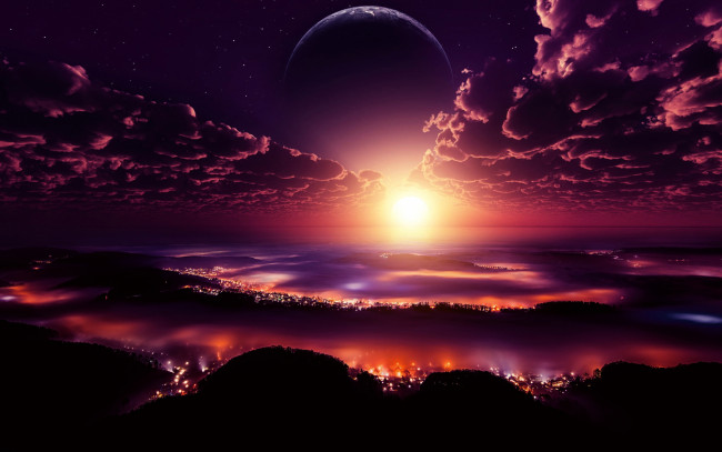 Обои картинки фото космос, арт, огни, планета